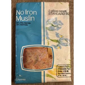 JC Penney Muslin 2 Standard Pillowcases Pink Blue Iris Floral Shabby Chic